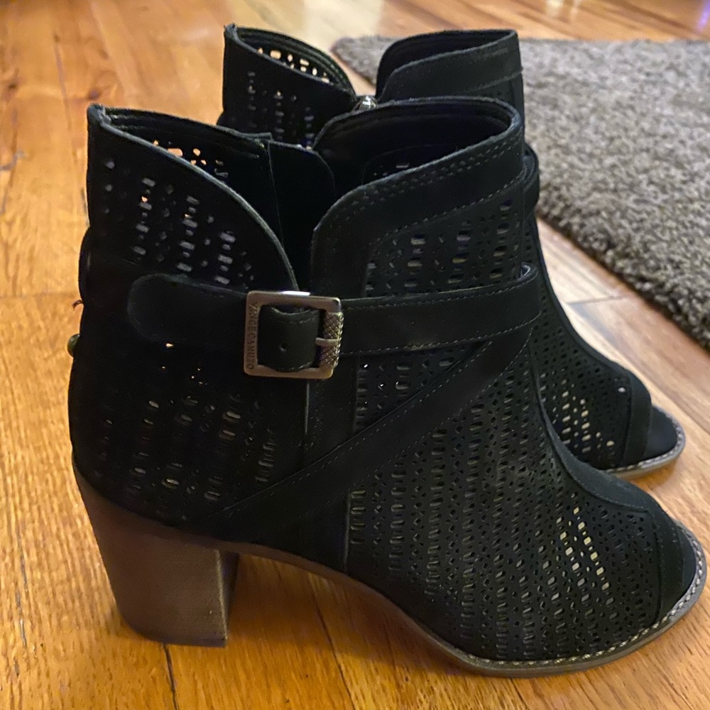Vince Camuto Black Ankle Boots with Chunky Heel and Perforated Design
